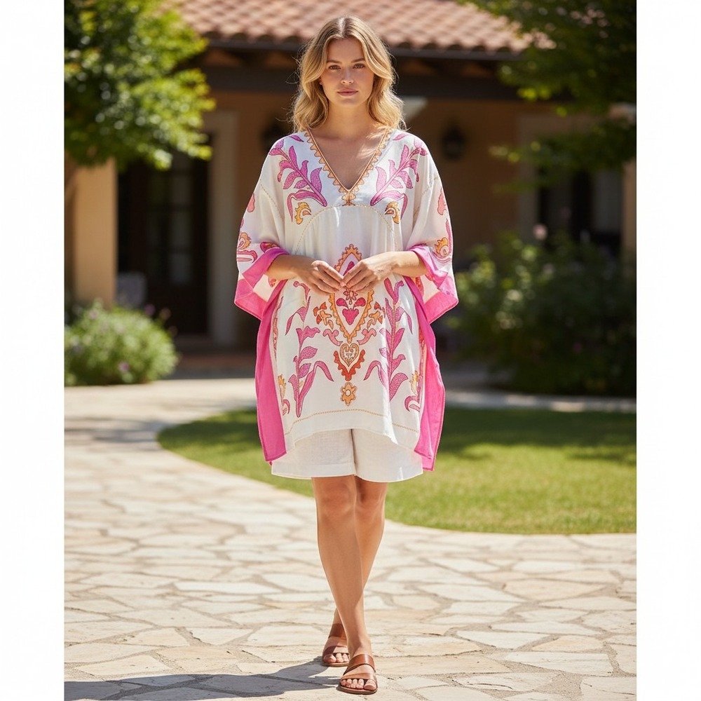 Boho Pink Paisley Floral V-Neck Kaftan Tunic Dress‎ Kimono Sleeve Medium